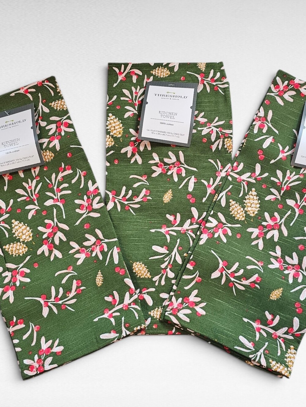 Threshold 3 Pack Cotton Kitchen Towel Green With Winter Berries